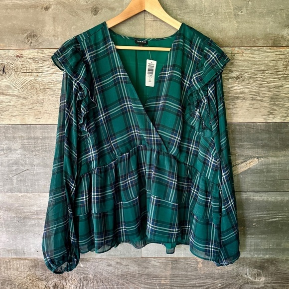 torrid Tops - NWT Torrid Green Plaid Chiffon Ruffled Sleeve Cropped Top Flounce 3X, 22-24 Gift